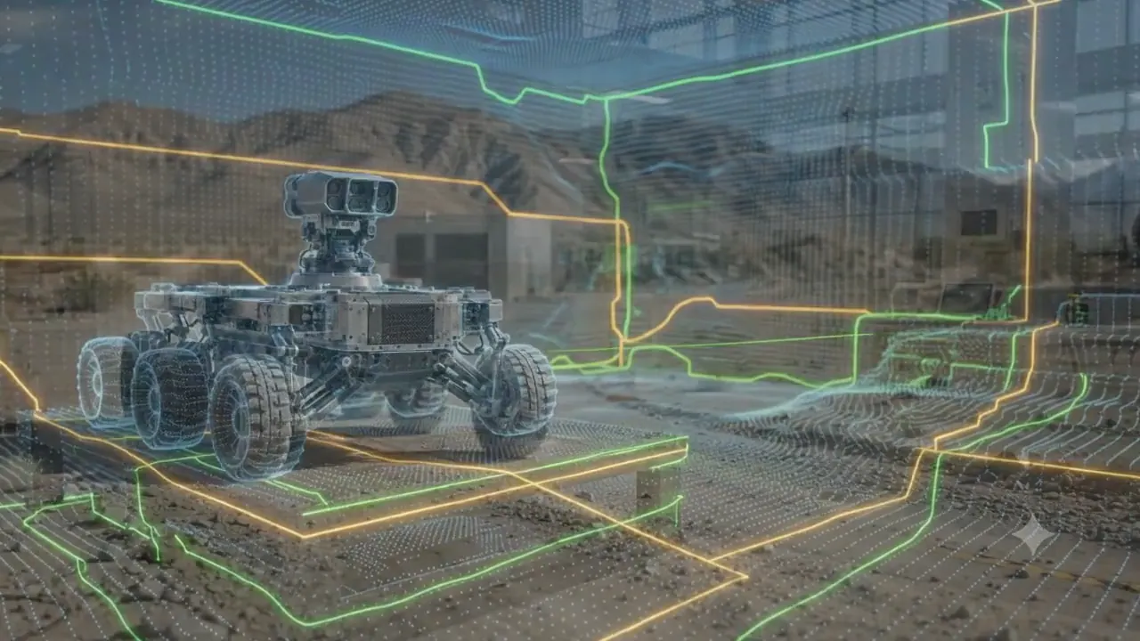 Un laboratoire d’intégration robotique, puis un véhicule autonome tout-terrain en essai : son environnement et ses trajectoires sont projetés autour de lui en maillage lumineux.