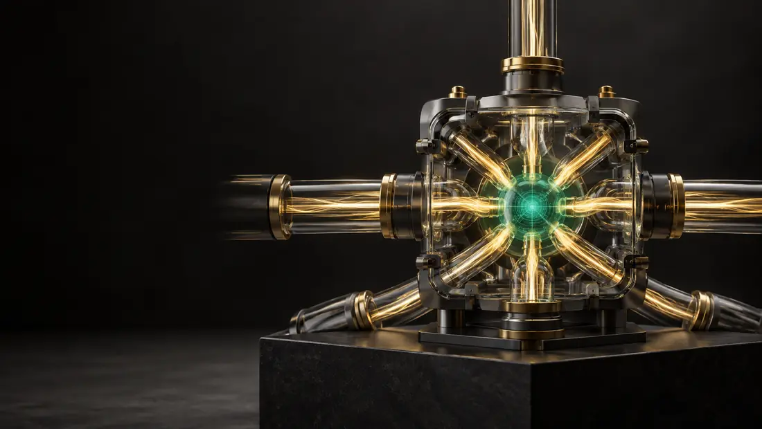 Un mécanisme de verre et de laiton où des faisceaux dorés convergent vers un cœur lumineux, posé sur un socle.