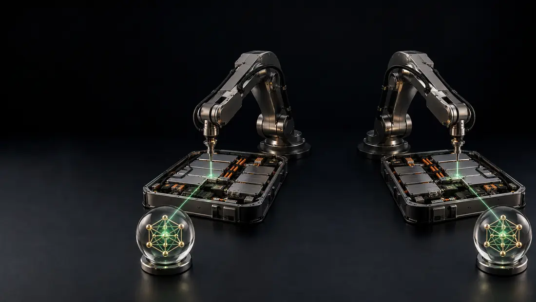 Deux postes robotisés identiques, côte à côte, traitant deux packs de batteries identiques ; chacun doublé d’une sphère de verre contenant le même réseau doré.