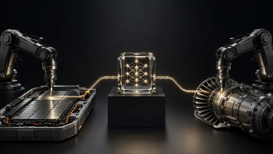 Un même noyau de verre, relié par un filament doré à deux machines très différentes : un pack de batteries à gauche, une turbine à droite.