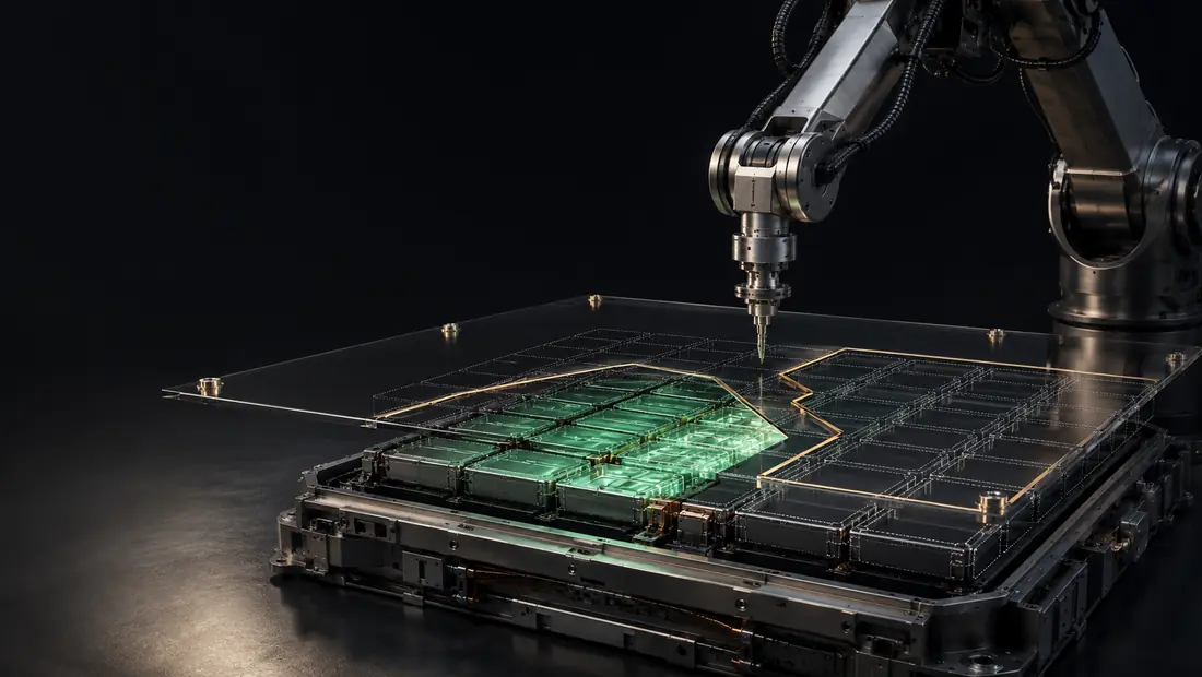 Une plaque de verre posée sur un pack de batteries y trace une frontière dorée : à l’intérieur, des modules éclairés ; à l’extérieur, des modules laissés dans l’ombre.