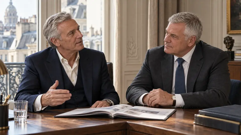 Deux dirigeants expérimentés échangent au coin d'un bureau, d'égal à égal.