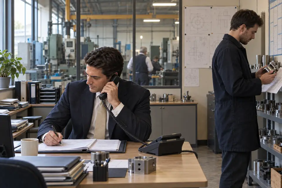 Le responsable commercial désigné traite lui-même un client tandis que le dirigeant travaille à l'atelier.