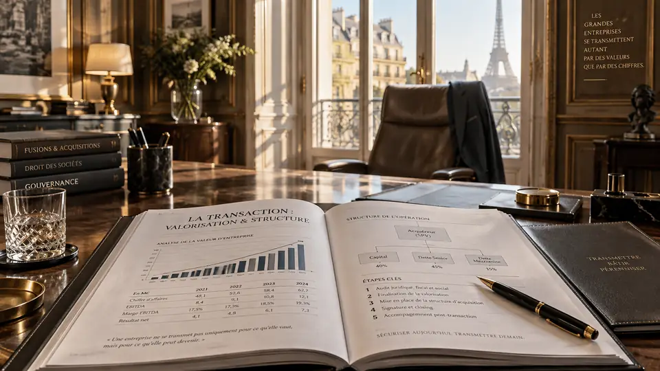 Un dossier de valorisation ouvert sur un bureau parisien : tableaux financiers, structure de l’opération, étapes clés. Le fauteuil du dirigeant est vide.