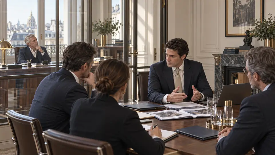 Un collaborateur conduit seul une réunion client ; le dirigeant travaille dans son bureau, sans intervenir.