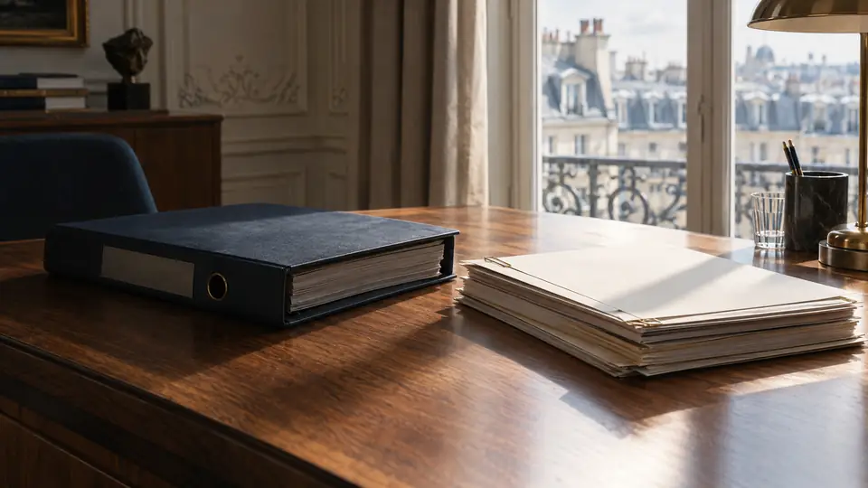 Un classeur de procédures fermé à côté de bons de livraison signés et datés, produits sans le dirigeant.