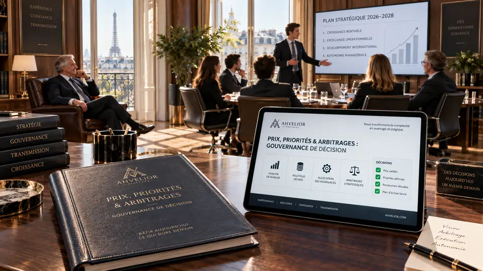 Un comité de direction devant un plan stratégique ; sur la table, un dossier « Prix, priorités et arbitrages : gouvernance de décision ».