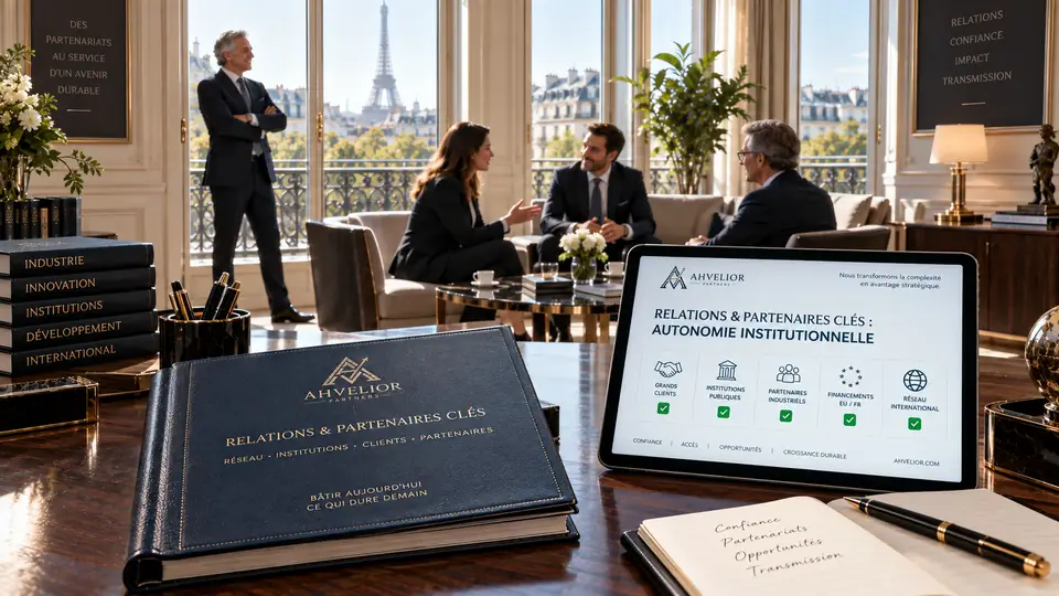 Des associés reçoivent des partenaires dans un salon ; une tablette affiche la carte des relations clés : grands clients, institutions, partenaires industriels, réseau international.