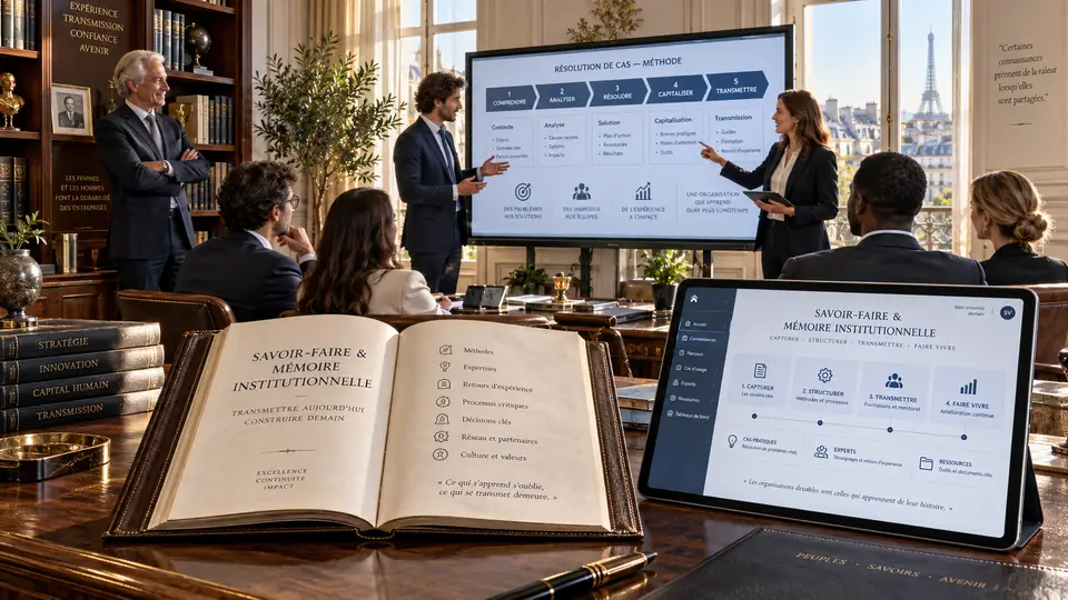Une collaboratrice présente une méthode de résolution de cas à l’équipe ; au premier plan, un ouvrage « Savoir-faire et mémoire institutionnelle » et une application de capitalisation des connaissances. Le dirigeant écoute, en retrait.