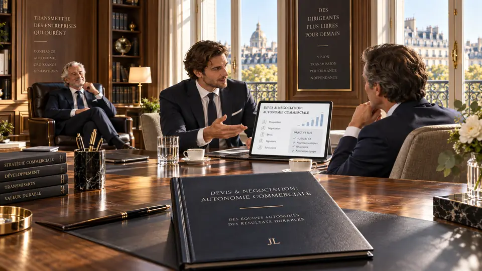 Un dirigeant commercial présente un tableau de prospection, négociation et signature à un client ; le dirigeant assiste depuis son fauteuil, sans intervenir.