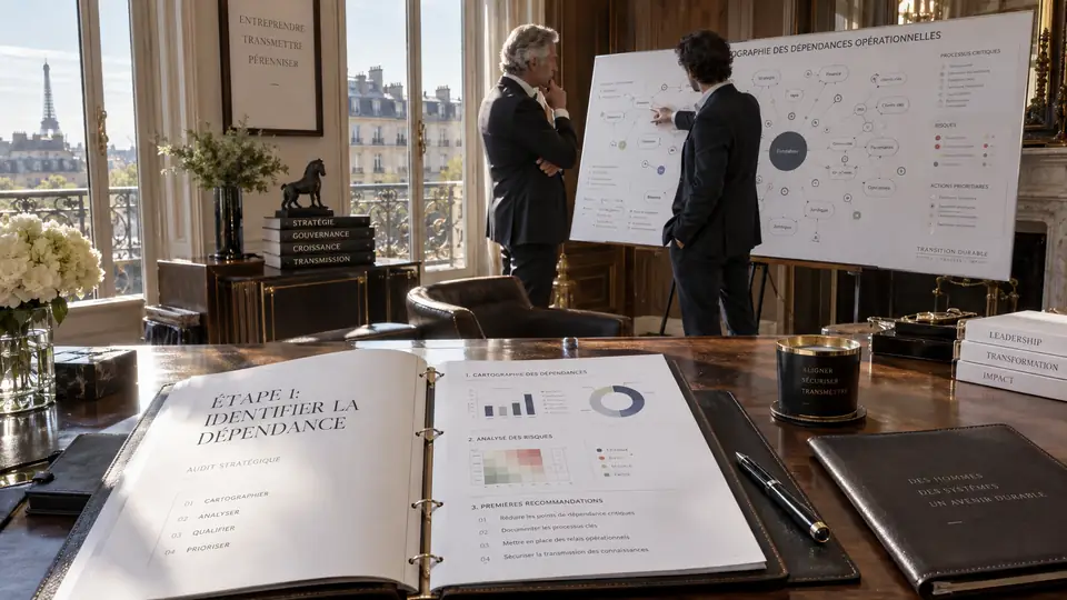 Deux dirigeants devant une cartographie des dépendances opérationnelles centrée sur le dirigeant ; au premier plan, un audit stratégique ouvert à l’étape « identifier la dépendance » : cartographier, analyser, qualifier, prioriser.
