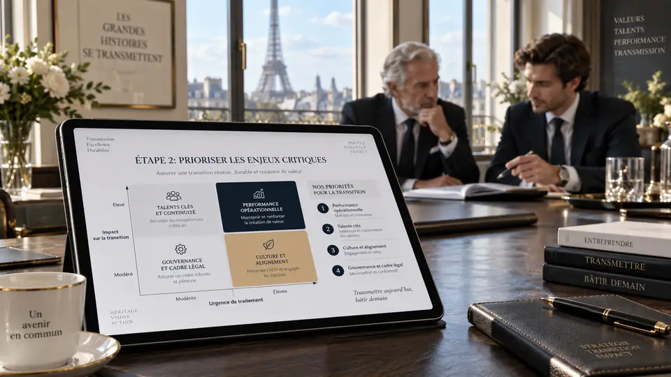 Une tablette affiche une matrice de priorisation des enjeux critiques — talents clés, performance opérationnelle, gouvernance, culture — pendant une séance de travail.