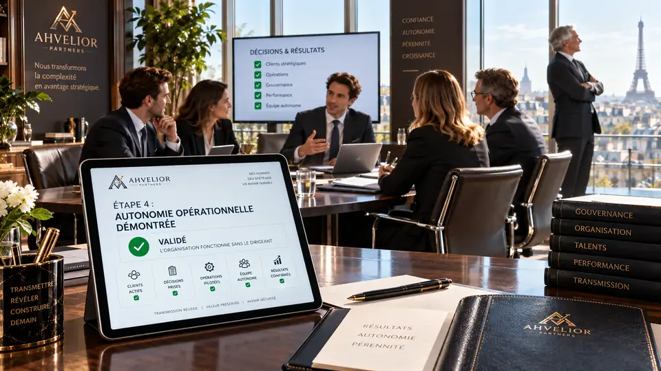 Un tableau de bord indique « autonomie opérationnelle démontrée — validé : l’organisation fonctionne sans le dirigeant » ; celui-ci observe, debout en retrait.